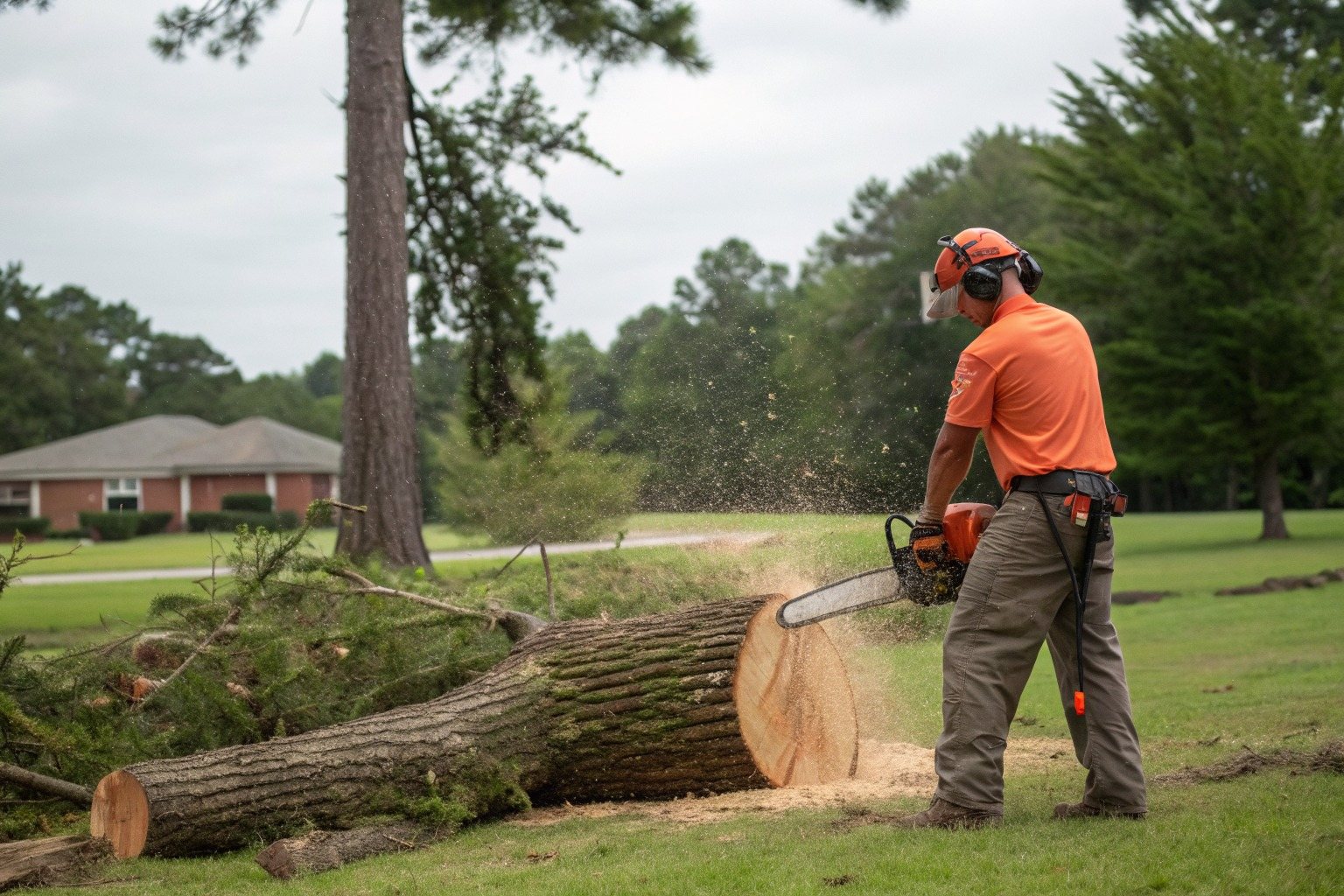 A chainsaw cutting through a felled trunk, sawdust spraying