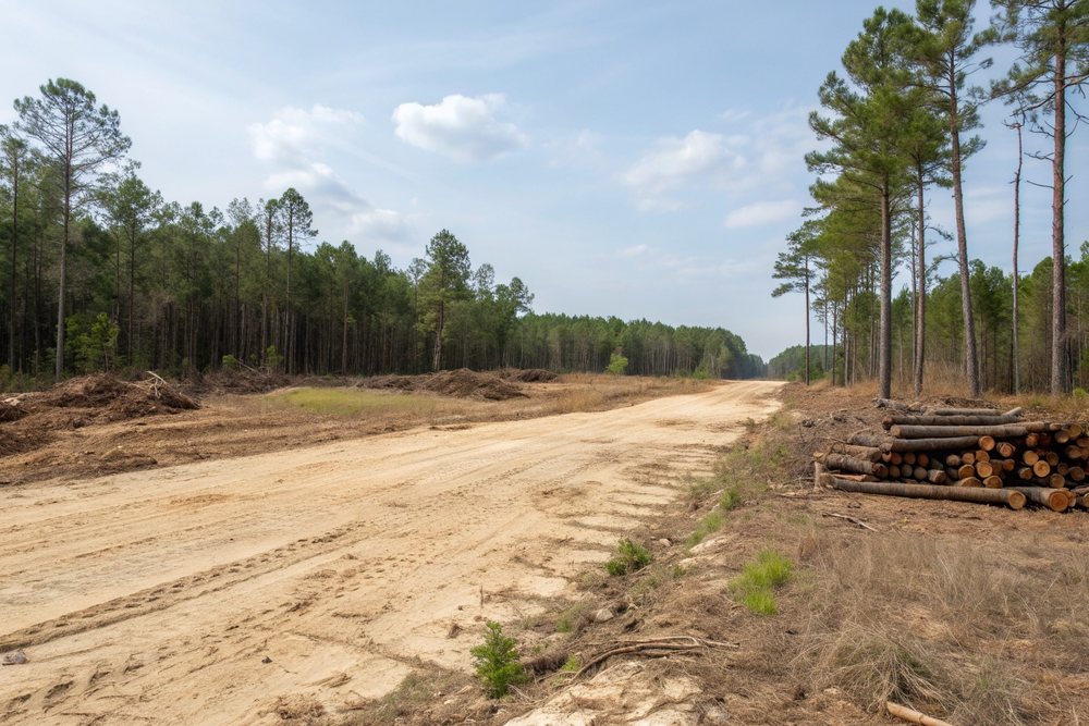 A freshly cleared sandy lot with a brush pile at one edge and tall pines left standing