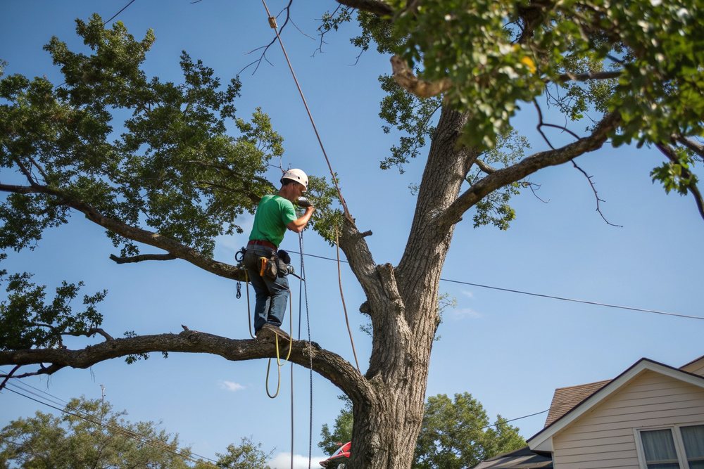 A climber in a helmet and safety glasses roped in against a trunk, reaching for a limb