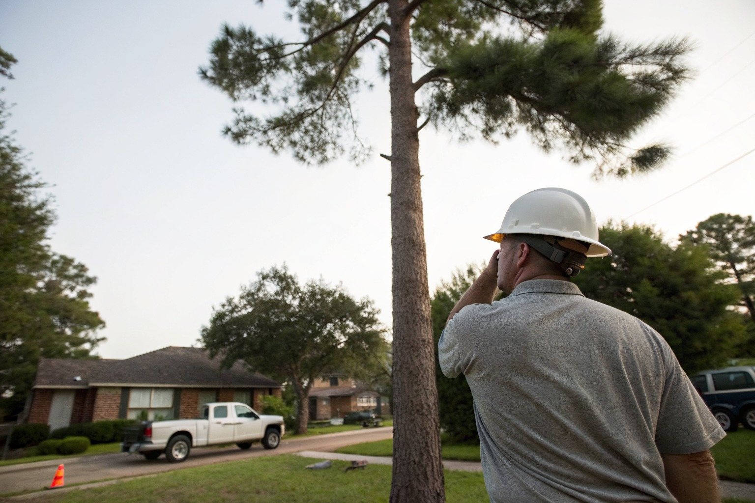 A worker in a hard hat, seen from behind, looking up into a tall pine on a front lawn