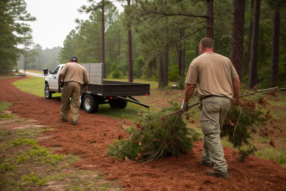 Workers dragging cut limbs across a front lawn toward a trailer at the curb