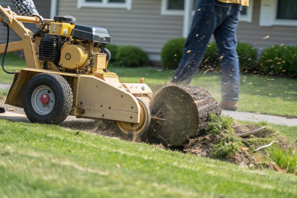 A stump grinder wheel cutting into a stump in a lawn, wood chips flying