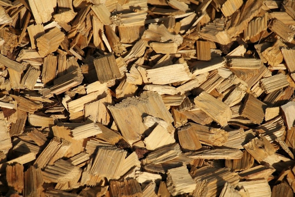A close-up of fresh wood chips and stump grindings