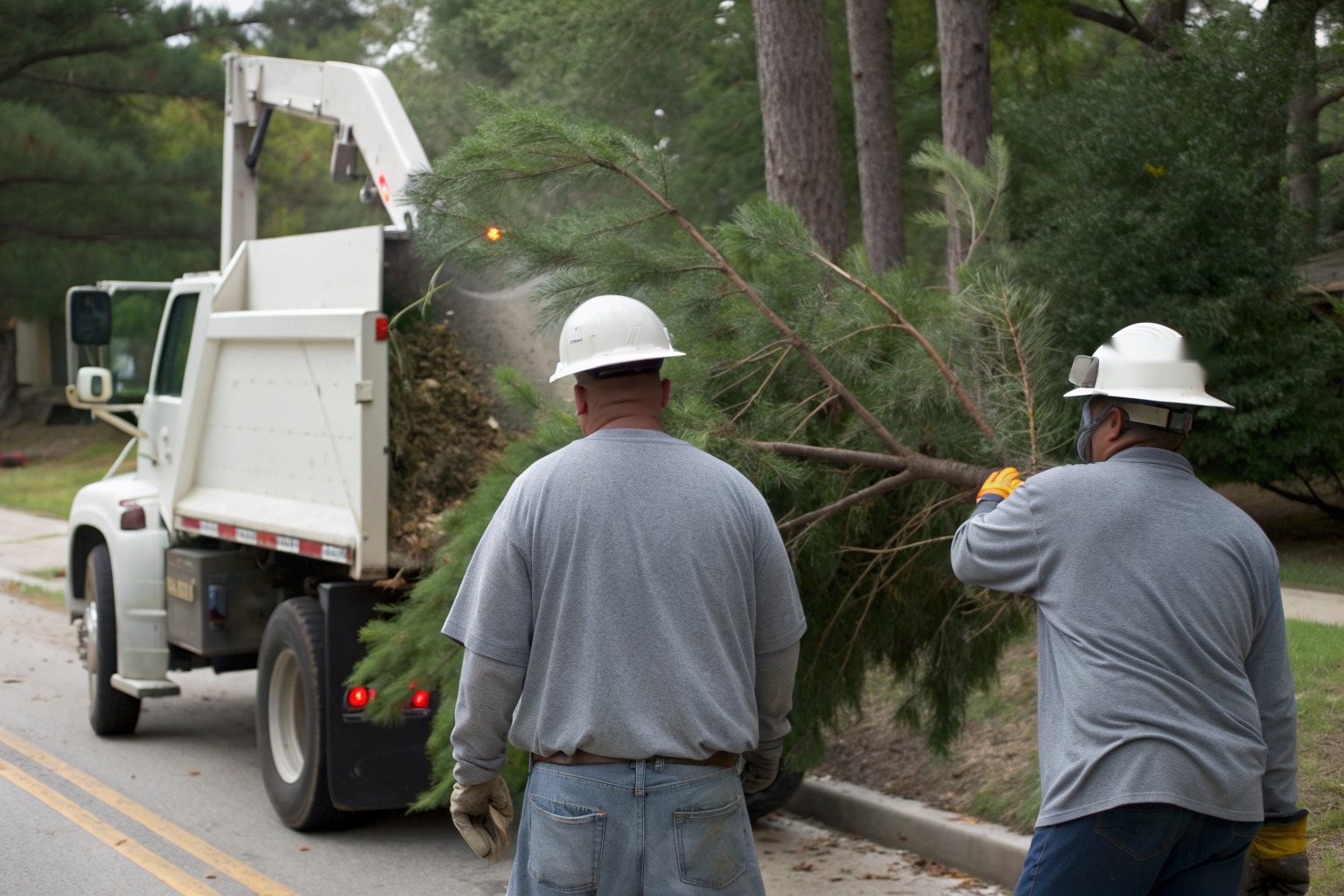 Limbs being fed into a wood chipper at the curb